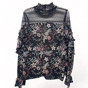 Naturalizer, Black Floral Mesh Smock Neck Flutter Cuff